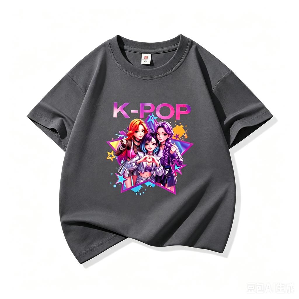 T-shirt Manches Courtes Imprimé Groupe d'Idoles K-POP Filles Mignon Dessin Animé Graphique T-shirt Haut Décontracté d'Été pour Enfants