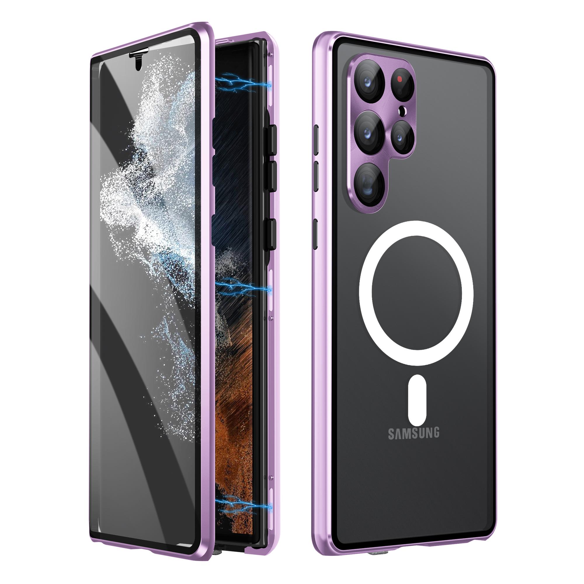 

For Samsung Galaxy S24 Ultra Magnetic Case Tempered Glass+Matte PC Metal Frame Cover Silver