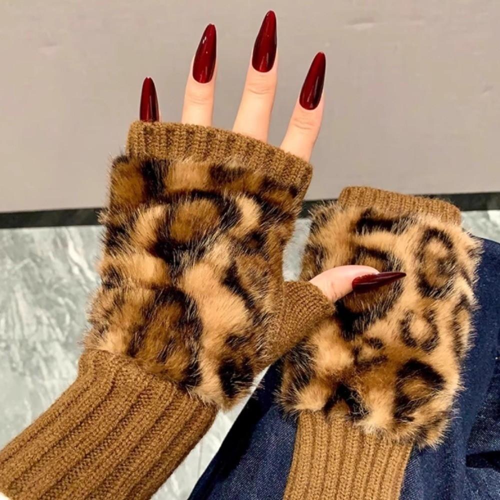 Short Style Fingerless Gloves Warm Leopard Print Gloves New Half-Finger Gloves  Daily Wear