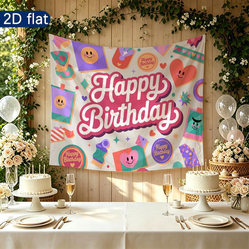 Balloons and Cake Backdrop for Birthday Party, Polyester Banner for Wall Decor & Photo Background