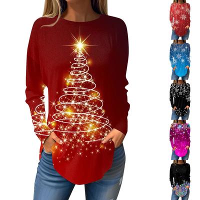 T-Shirts für Damen, Herbst, lässig, langärmelig, Sweatshirt, Weihnachtsdruck, Top, Pullover