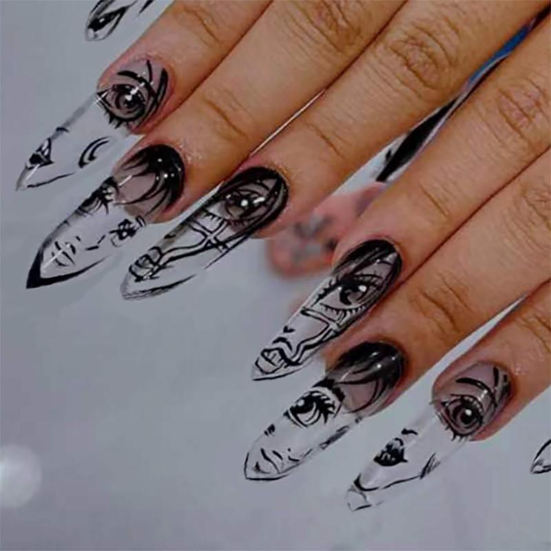 Cartoon Face Nail Art Sticker Set - Black Ink Graffiti Style Press-On Acrylic Tips Minimalist Design Women Gel Adhesive Type