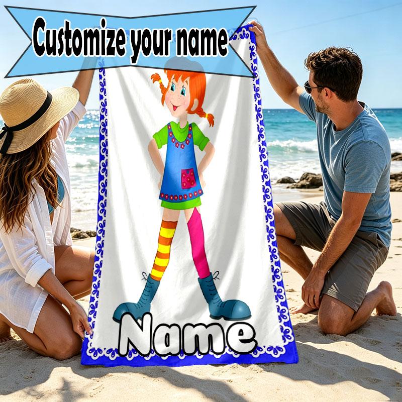 Custom Name Personalized Pippi Longstocking Print Beach Towel, for Trip Camping Beach Party Home Decor, Birthday Gift for Family & Friends