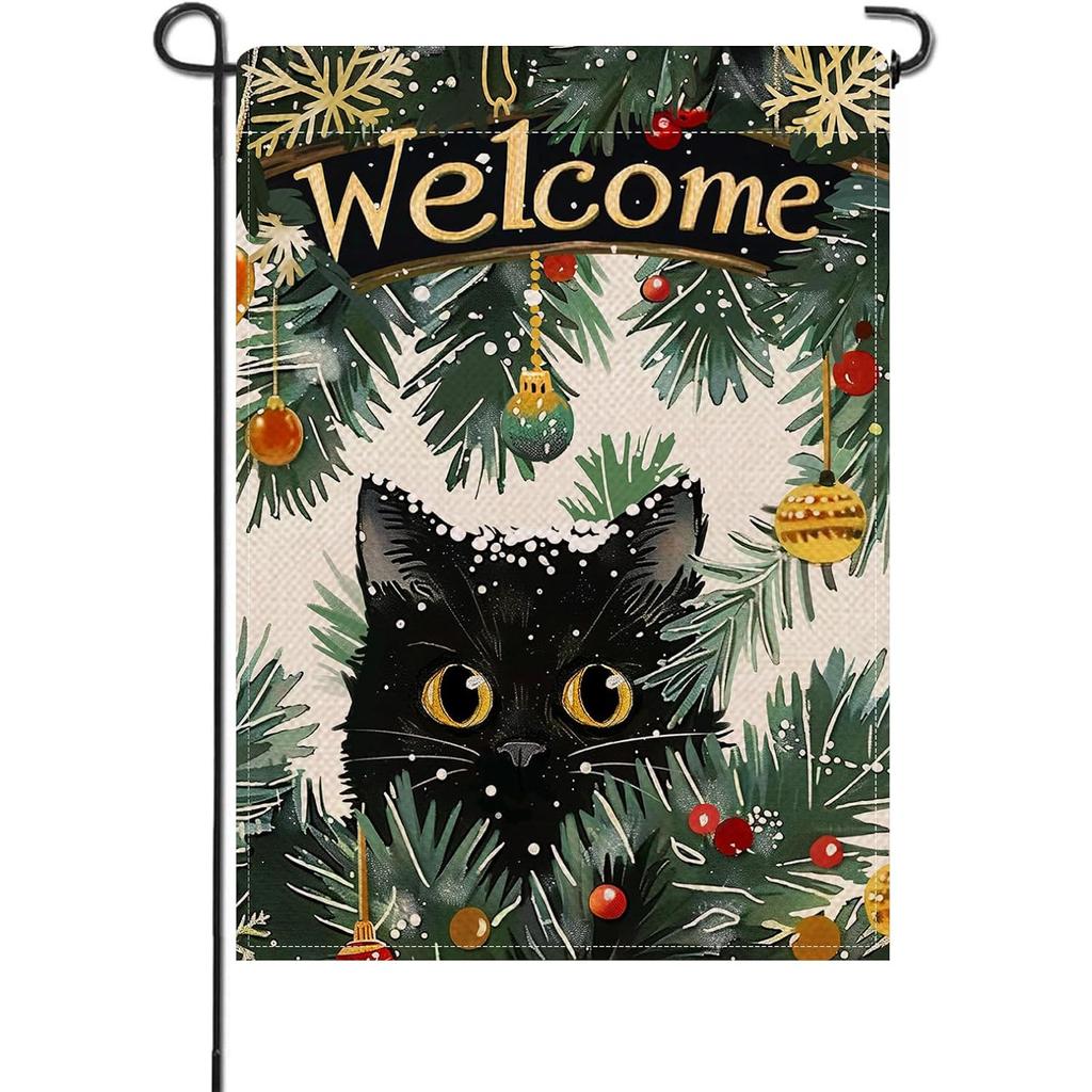 Small Decorative Garden Flag Featuring a Black Cat for Christmas, Perfect for Pet Lovers. This Double-Sided Outdoor Decoration Measures And Is Ideal