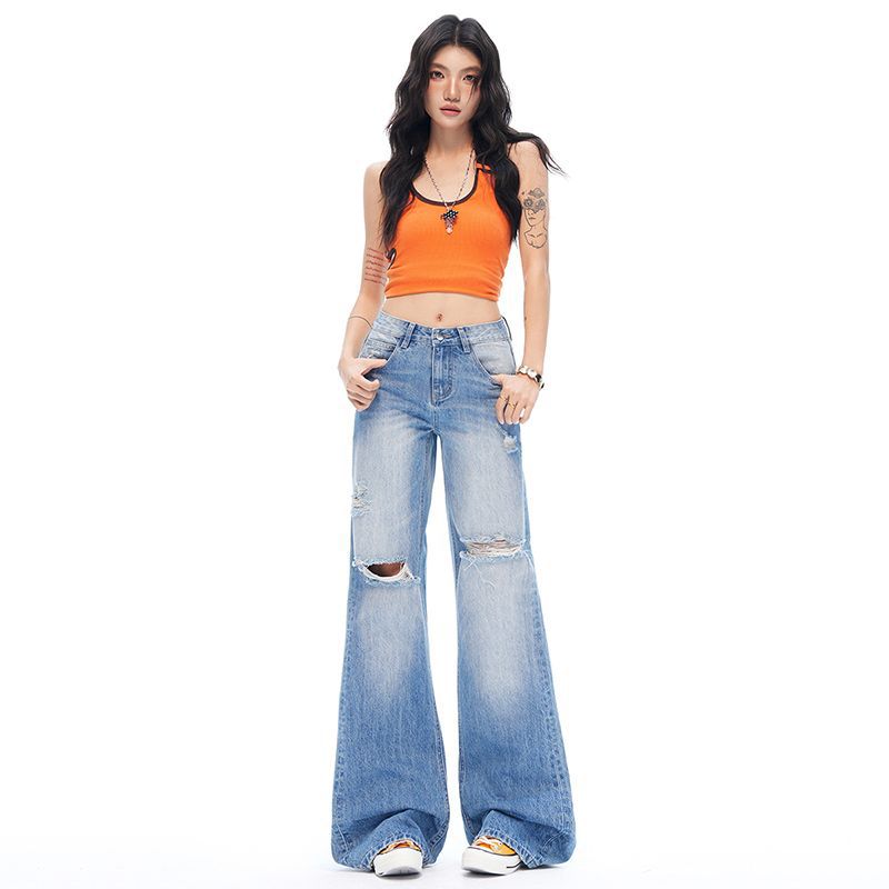 Distressed Raw Hem Micro Flare Light Tone All Match Slim Horse Hoof Denim Pants Ladies Spring Summer Casual Pants Oversize Denim Trousers