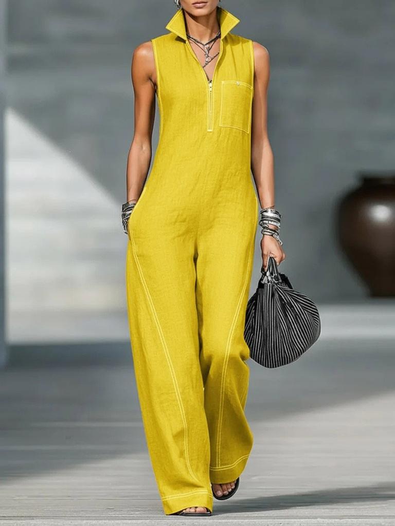 2026 new cross-border, European, American Amazon independent station women's stand-up collar sleeveless casual loose cotton and linen jumpsuit