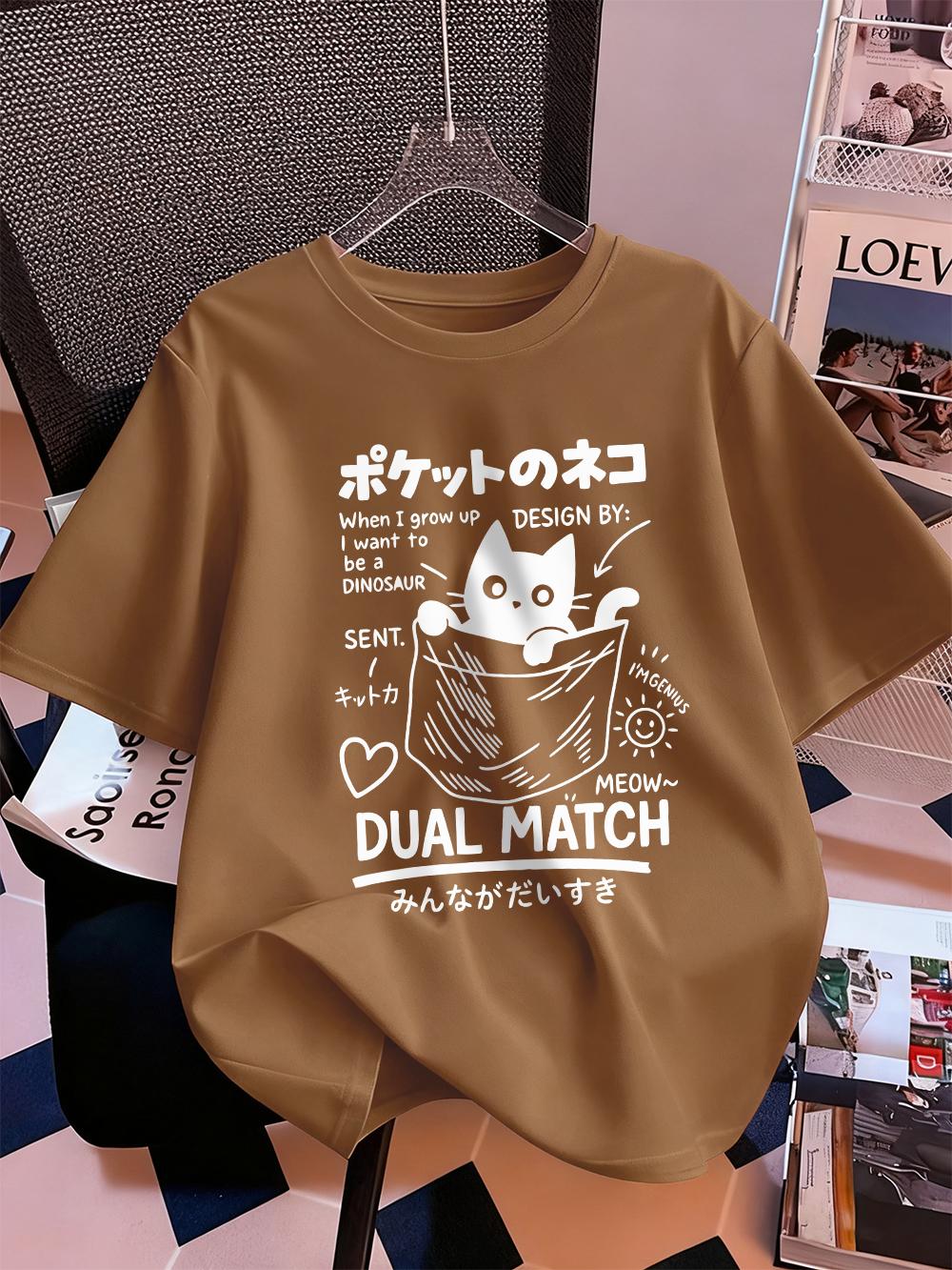 

Cute Japanese Pocket Cat Prints TShirts Womens Cotton Summer Short Sleeve T Shirt Loose Comfortable ONeck Tops Casual Clothes S
