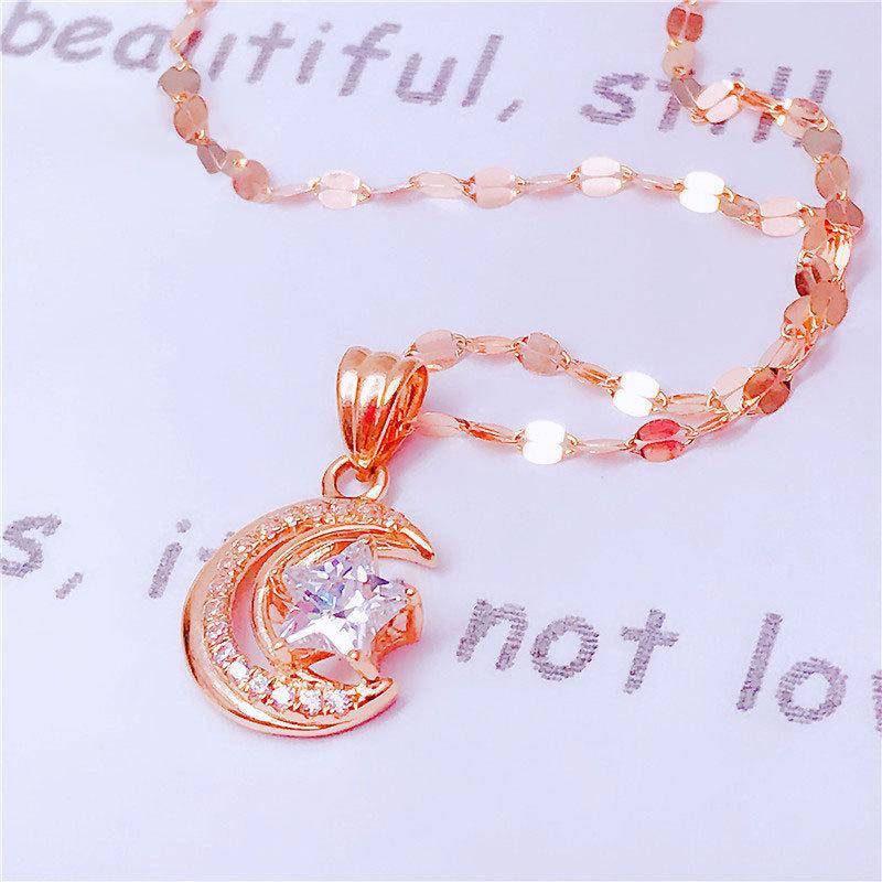 Exquisite Russian 585 Purple Gold Inlaid Zircon Star Moon Pendant Rose Gold-Plated Versatile Exquisite Collarbone Chain