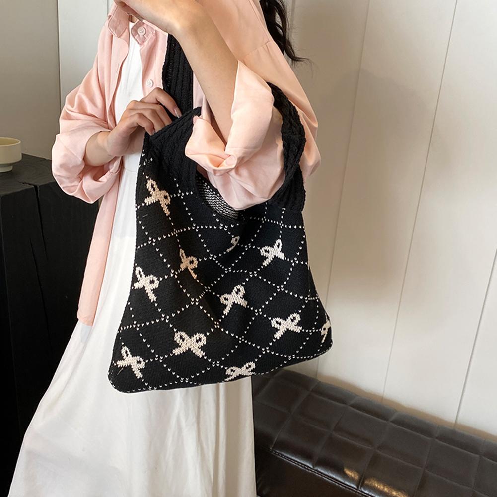 Women Crochet Tote Handbag Large Capacity Crochet Grocery Bag Contrast Color Travel Shopping Handbag Female Holiday Bag