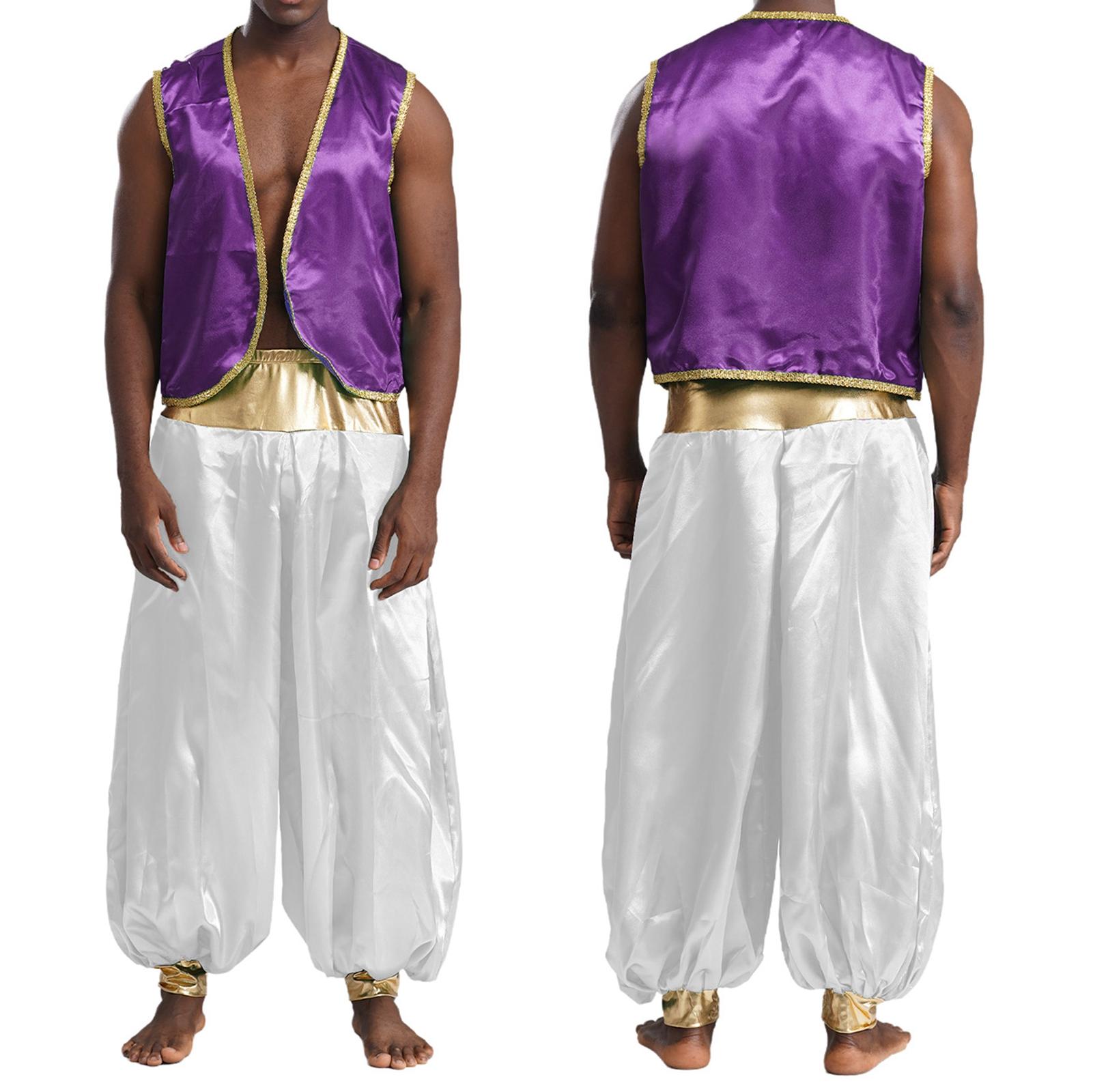 Heren Arabische Prins Vlekken Vest Glanzende Gouden Rand Open Voorkant Vest Indiaas Cosplay Kostuum met Lange Broek voor Carnavals S purple