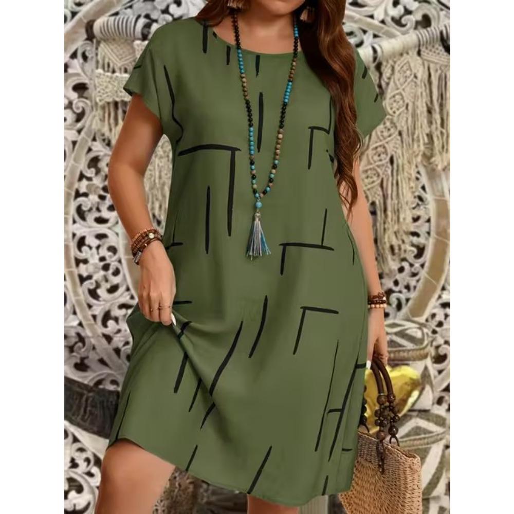 Abiti casual da donna alla moda con stampa a fantasia vintage, manica corta, girocollo, per estate e primavera