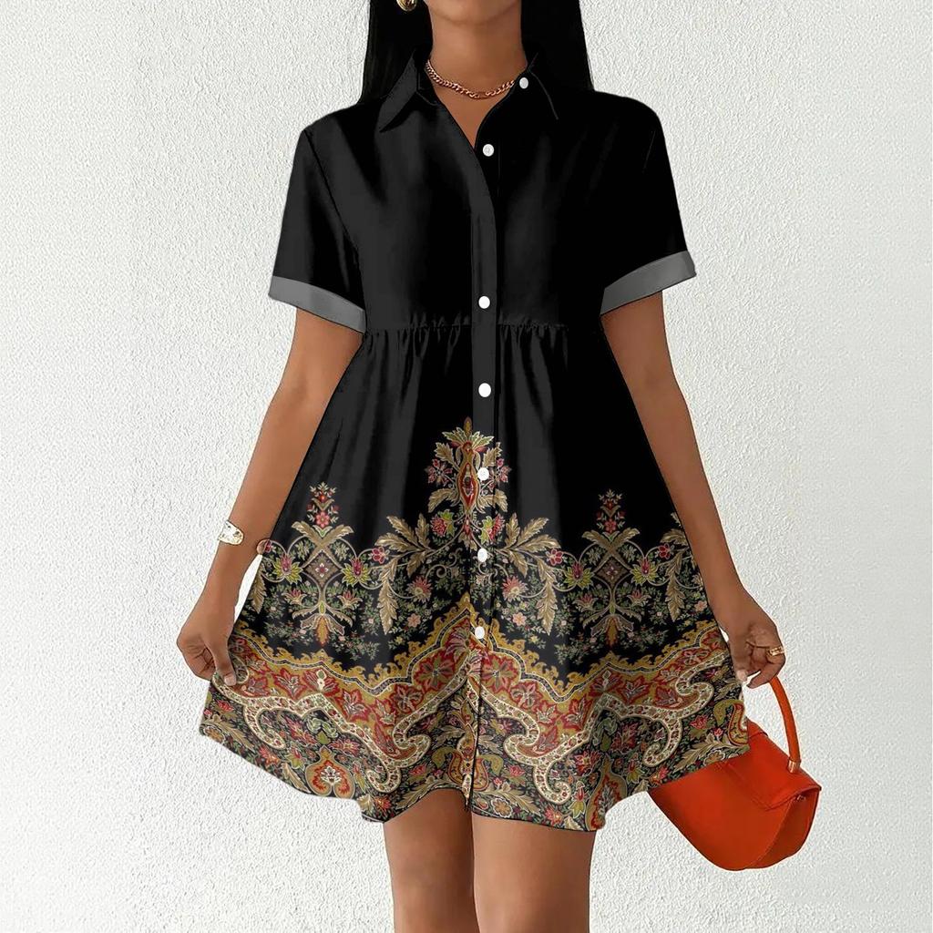 Women Casual Loose Fit Dress Button Front Shirt Dress Short Sleeve Collared Dress Summer Daily Wear