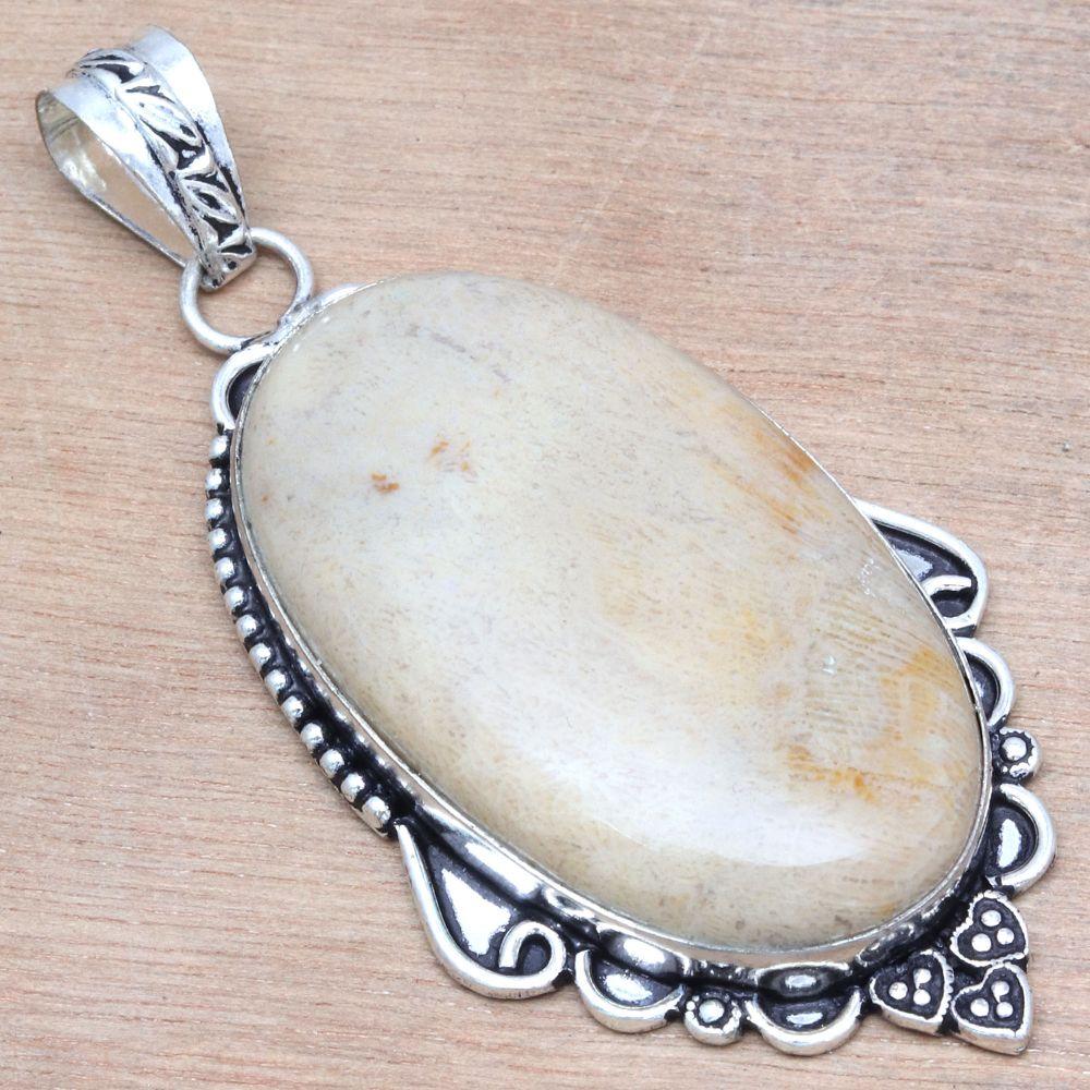 Pendant Fossil Coral Gemstone Handmade Mother Day Silver Jewelry 2.75"
