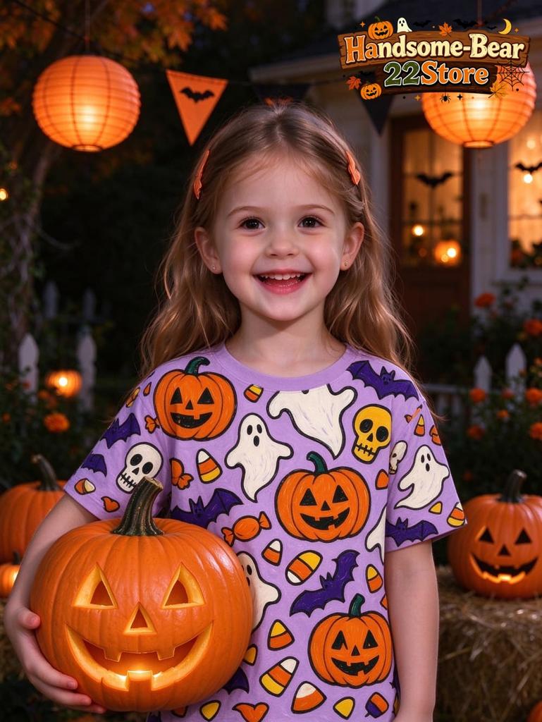 Kids Halloween Girls T-Shirt Pink Leopard Print Ghost Pumpkin Spider Bat Graphic Tee Short Sleeve Casual Top for Halloween Party