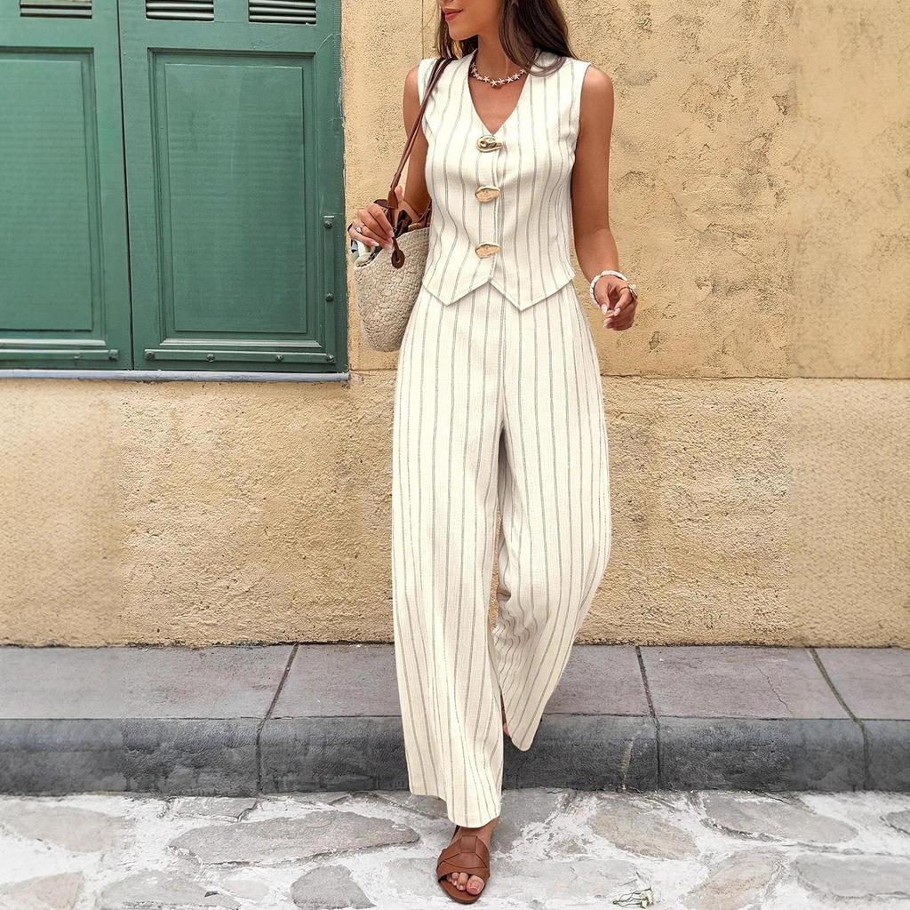 Light Color Stripe Sleeveless Vest and Wide Leg Pants Two Piece Set