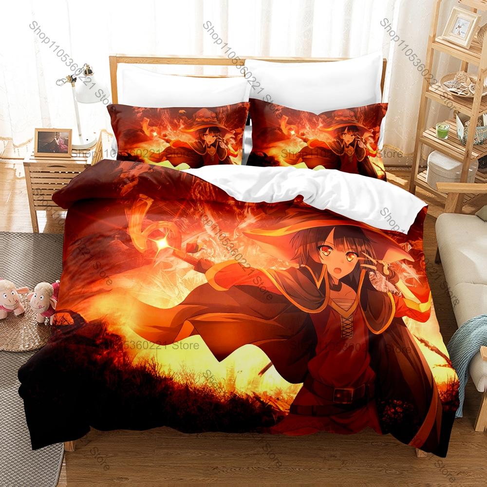 Cool Megumin Konosuba Duvet Cover + 2 Pillowcases Kazuma Aqua Darkness Collage Print Soft Quilt Cover Set New Anime Bedroom Deco