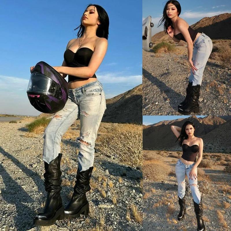 Fashion 2025 Brand New High Quality Cowboy Boots for Women Black Slip On Chunky High Heels Mid-calf Boot Platform Shoes