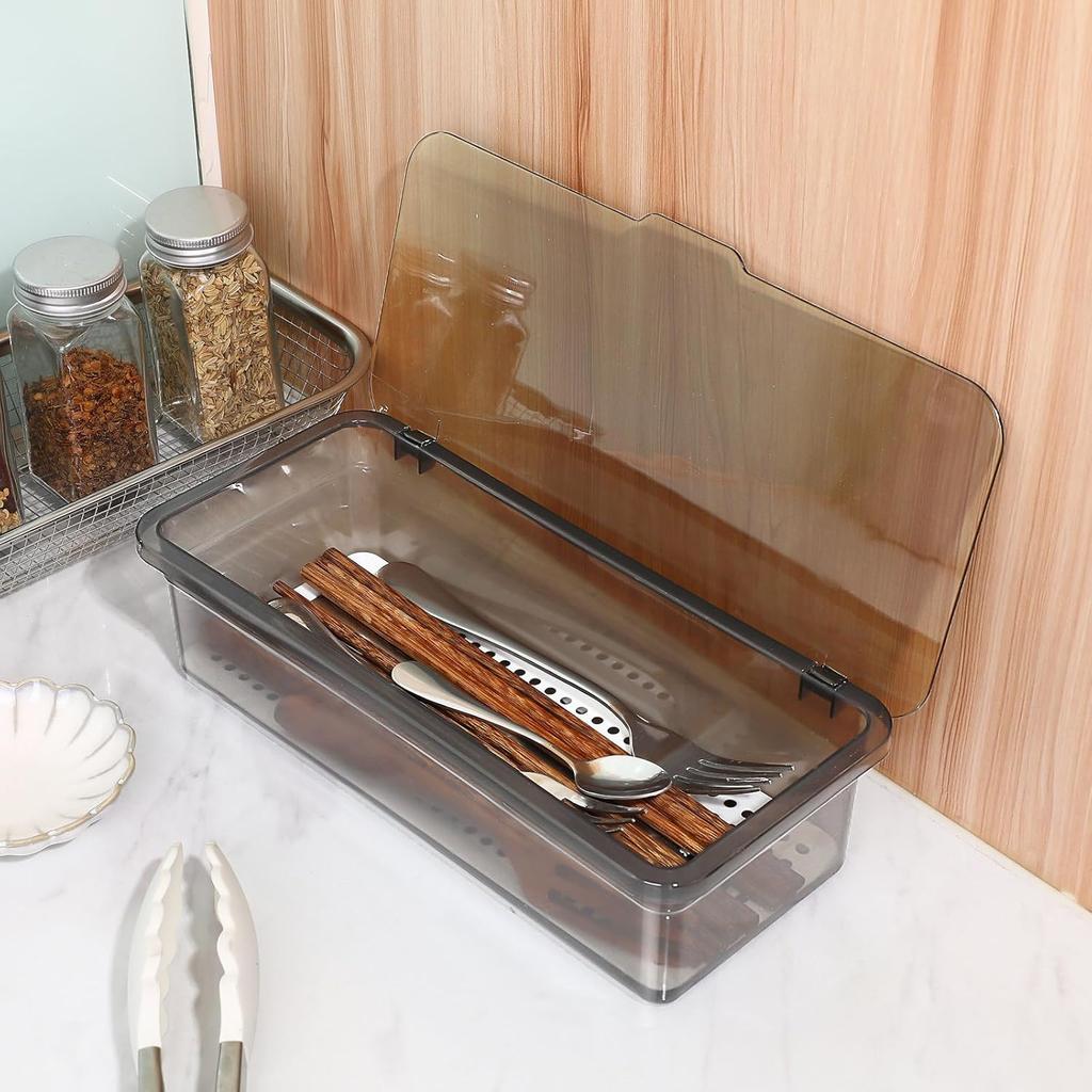 Flatware Trays with Lid 3 Pcs Cutlery Chopsticks Organizer Drain rack for Kitchen Drawer, Silverware Holder Storage Box with Cover, Utensil Drawer