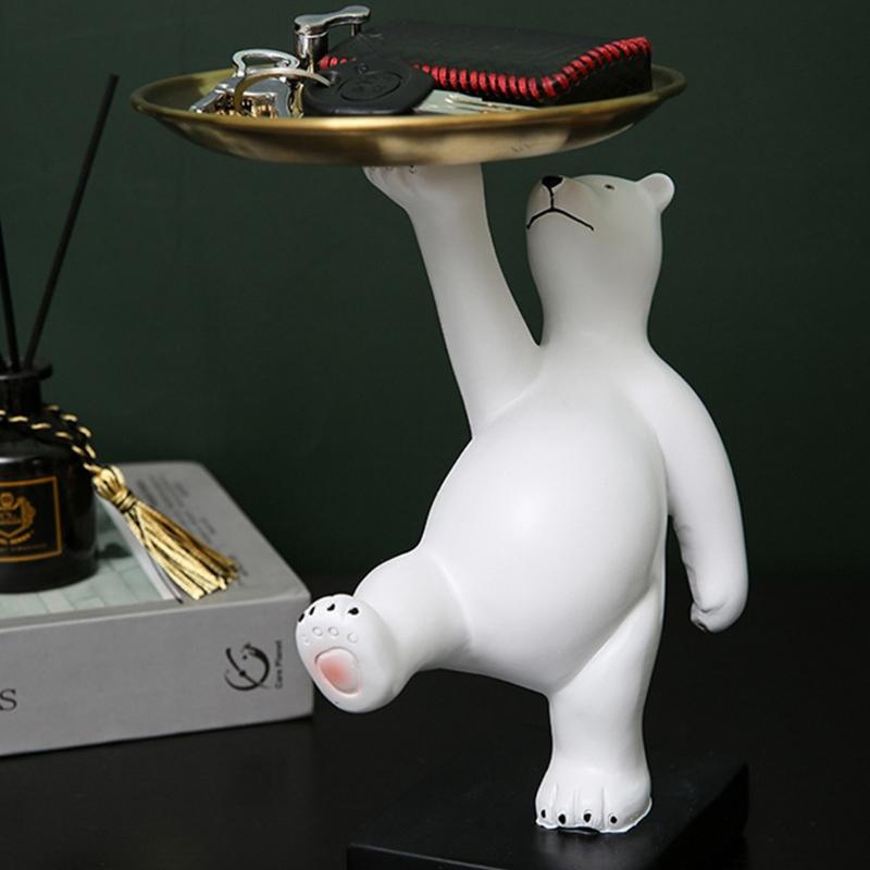 White Bear Statue with for Key Tray Fruit Jewelry Snacks Candy Plate Figuri