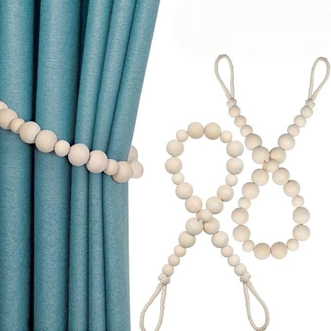2 Stück Nordeuropa Holz Ins Wind Holzperlen Vorhangbänder Handgewebtes Baumwollseil Handgefertigte Holzperlen Vorhangbinder
