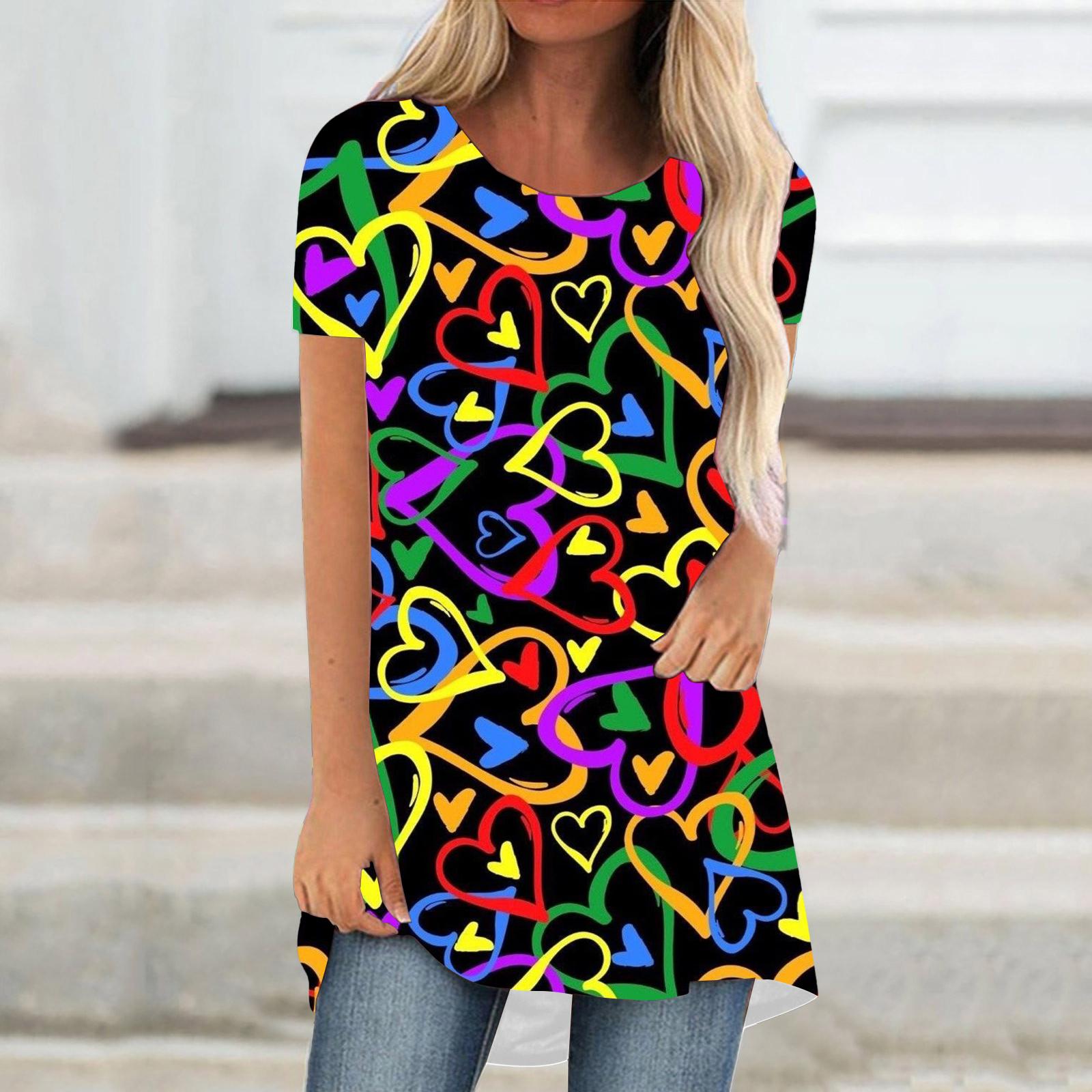

Граффити-арт Красочные сердечки с 3D-принтом Футболки Женские футболки с коротким рукавом Уличная одежда Большие туники Y2K Топы Футболки Одежда 8XL