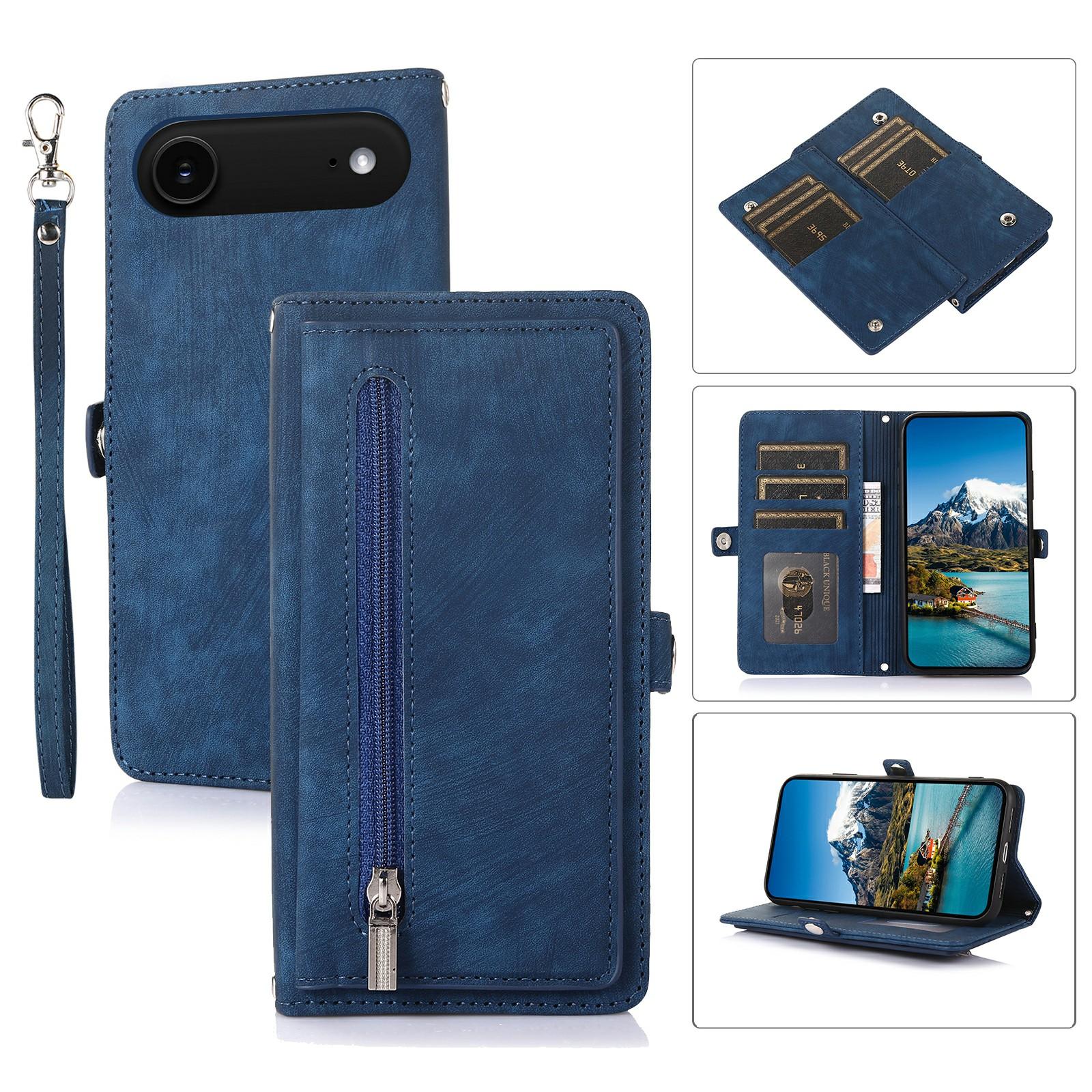 

For iPhone 17 Air Case Zipper Pocket 9 Card Slots PU Leather Phone Cover with Wrist Strap Blue