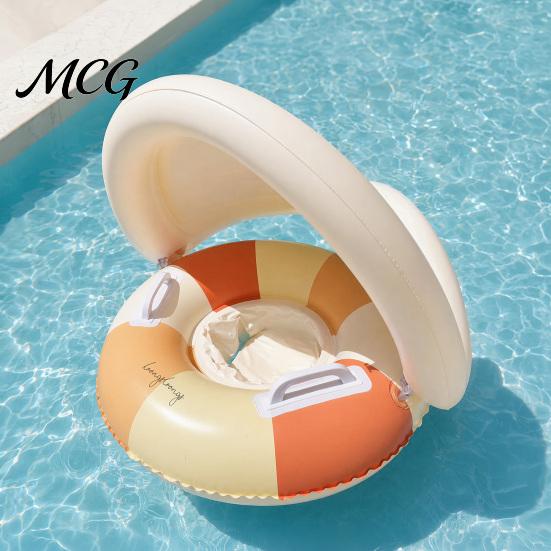 Aufblasbarer Schwimmring Baby mit abnehmbarem Verdeck, Gestreifter Pool Schwimmring Sitz Schwimmgriff, Sonnenschutz Schwimmen für Kleinkinder Kleinkind