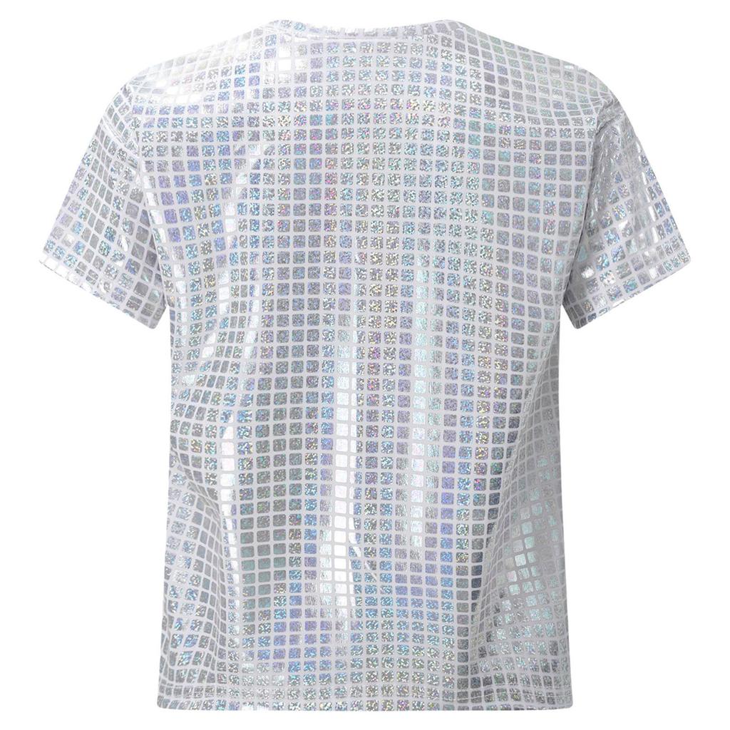 Unisex Kids Shiny Plaid Sequins T-shirt Round Neck Short Sleeve Cheerleading Dance Top