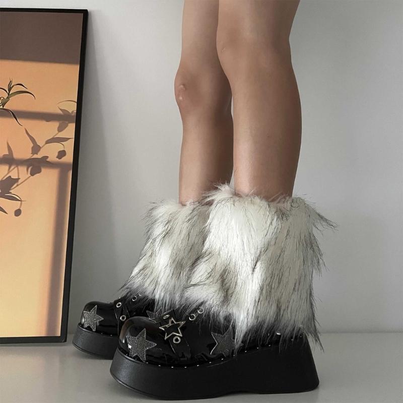 Fuzzy Faux Furs Leg Warmers Furs Heels Long Boots Cuffs Cover Has Elastic One Pair Carnivals Boot Cover Y2K JK Uniform