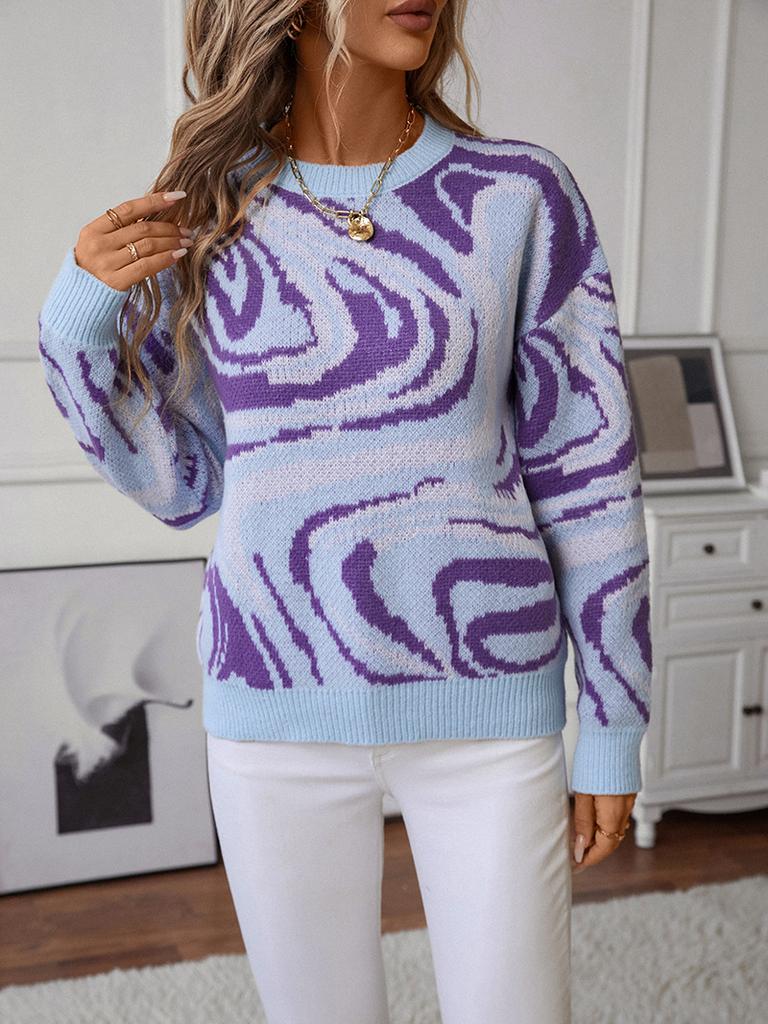 Women S Knitted Pullover Sweater Round Neck Loose Fit Colorful Pattern Spring
