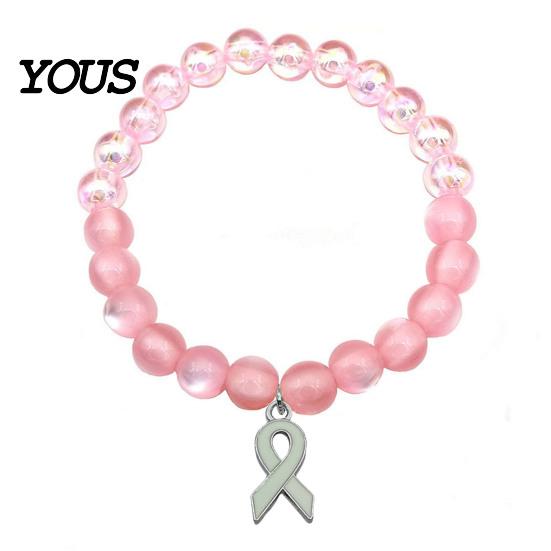 Fashionable Daily Wear Wristband Breast Cancer Awareness Bracelets for Women, Ribbon Health Accessories Charm Beaded Elastic Bracelet, Encouragement