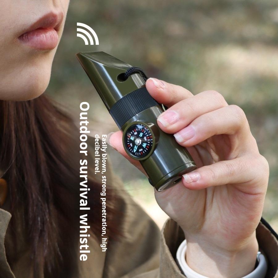 1Pc Outdoor Camping 7-in-1 Multifunctional Survival Whistle with Flashlight, Thermometer, and Compass