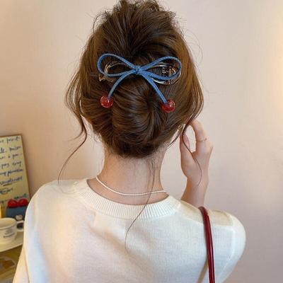 Acera Denim Ribbon Cherry Twist Hairpin Hairpin