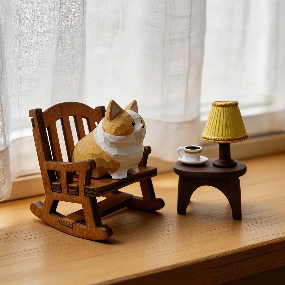 Hand Carved Decorative Wooden Corgi Figurine Mini Cute Dog Animal Statue Ornament Sculpture Home Desk Decor Gift for Dog Lovers