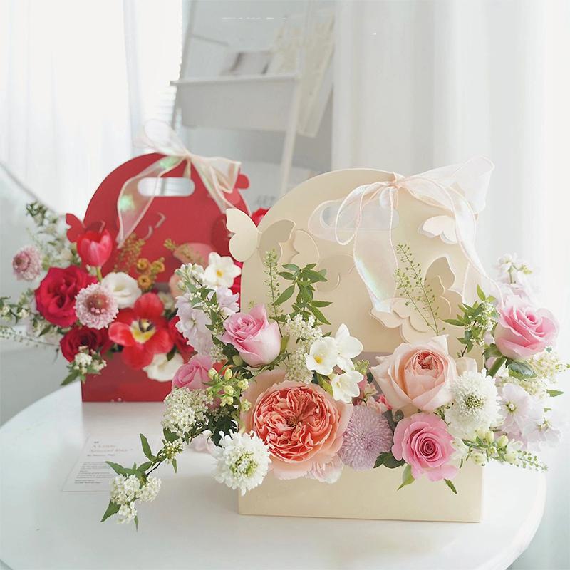 Portable Wedding Favour Boxes 3D Butterfly Carrier Bag Pink Floral Arrangement Gift Paper Package Flower Bouquet Packaging Bag