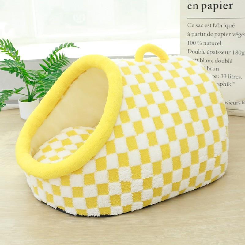 

Pet Cat Nest With Soft Sponge Material And Double Pouch Design For Cozy Sleeping Checkered Yellow,Mini
