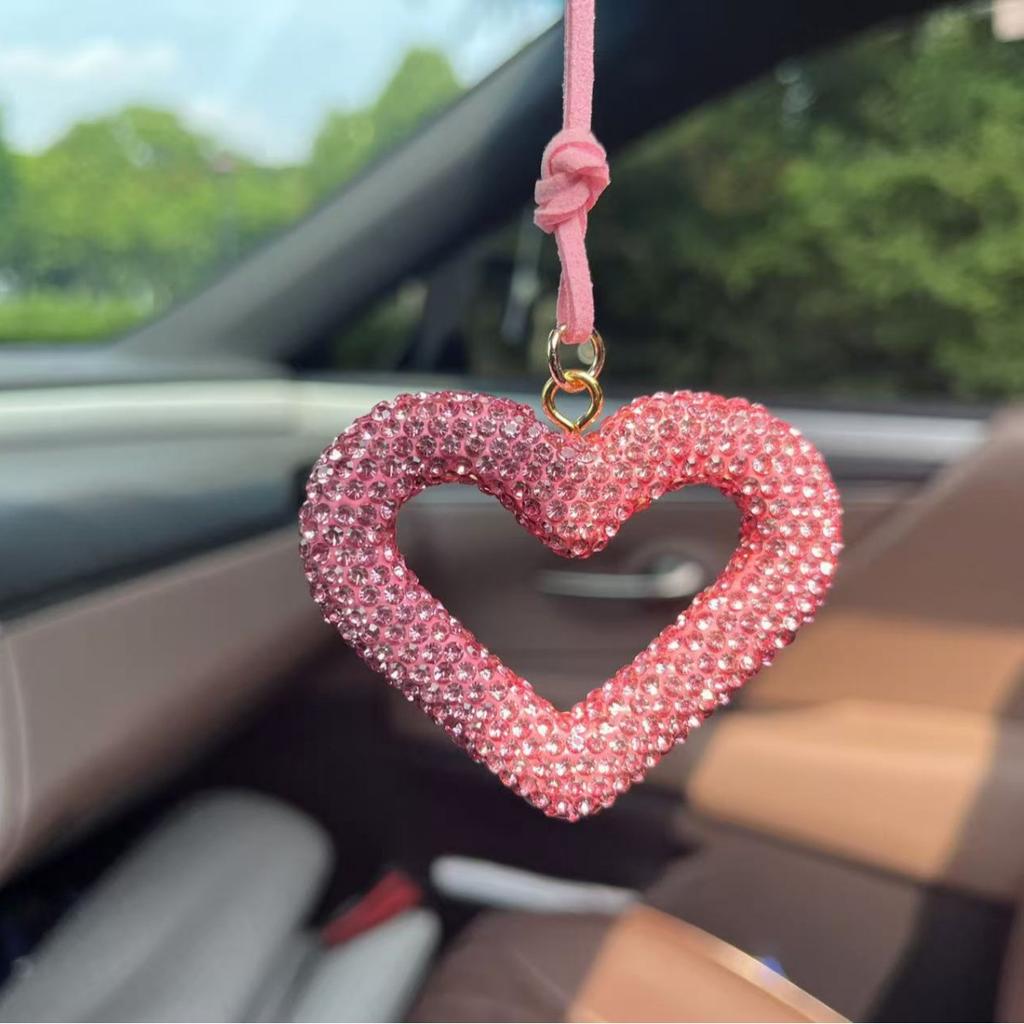 Ceramic Heart Car Pendant Full of Diamonds Mirror Hanging Ornament Keychain for Automobiles