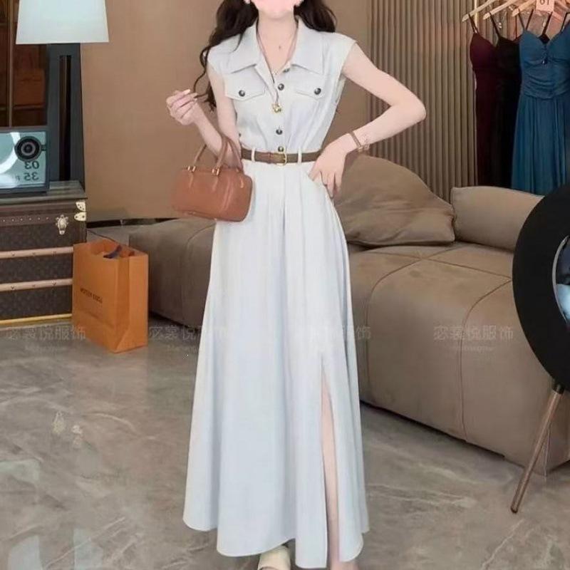 Huge good-looking dress summer Korean version of high-end waist display split-ended sleeveless shirt medium and long skirt