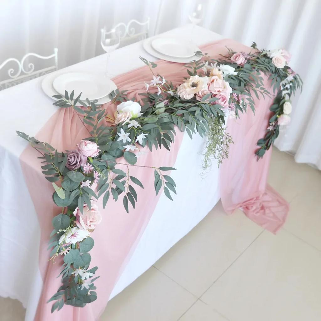 2.7M Artificial Wedding Eucalyptus Garland Runner with Rose Flowers Rustic Floral Table Centerpieces Boho Wed Decoration