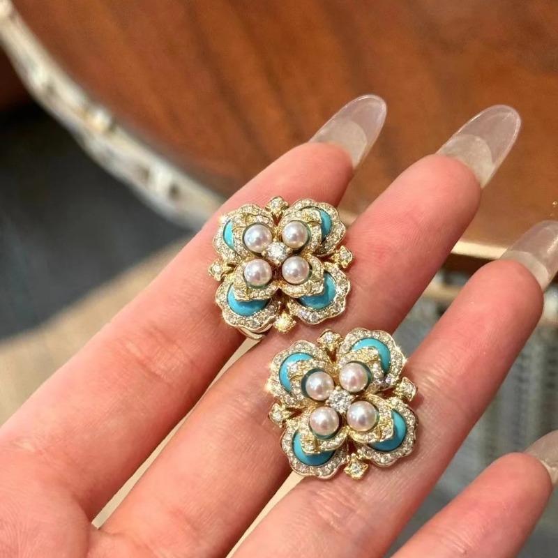 Retro Palace Style Pearl Turquoise Crystal Flower Earrings For Women New In Exquisite High Grade Earings Stud Wedding Jewelry