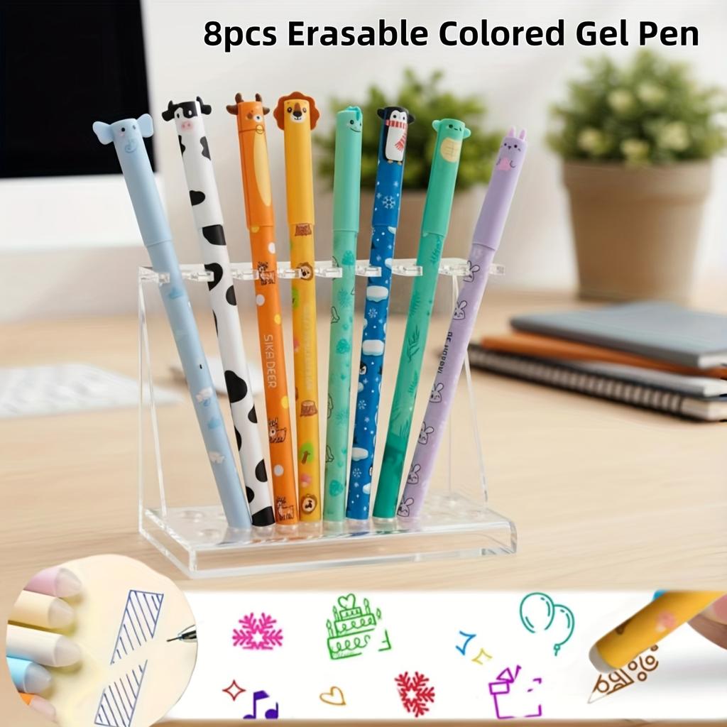 8 Pezzi Penne Gel Colorate Cancellabili Punta Sferica 0.5mm Facili da Cancellare Disegno Animale Adorabile con Elefante Leone Coniglio
