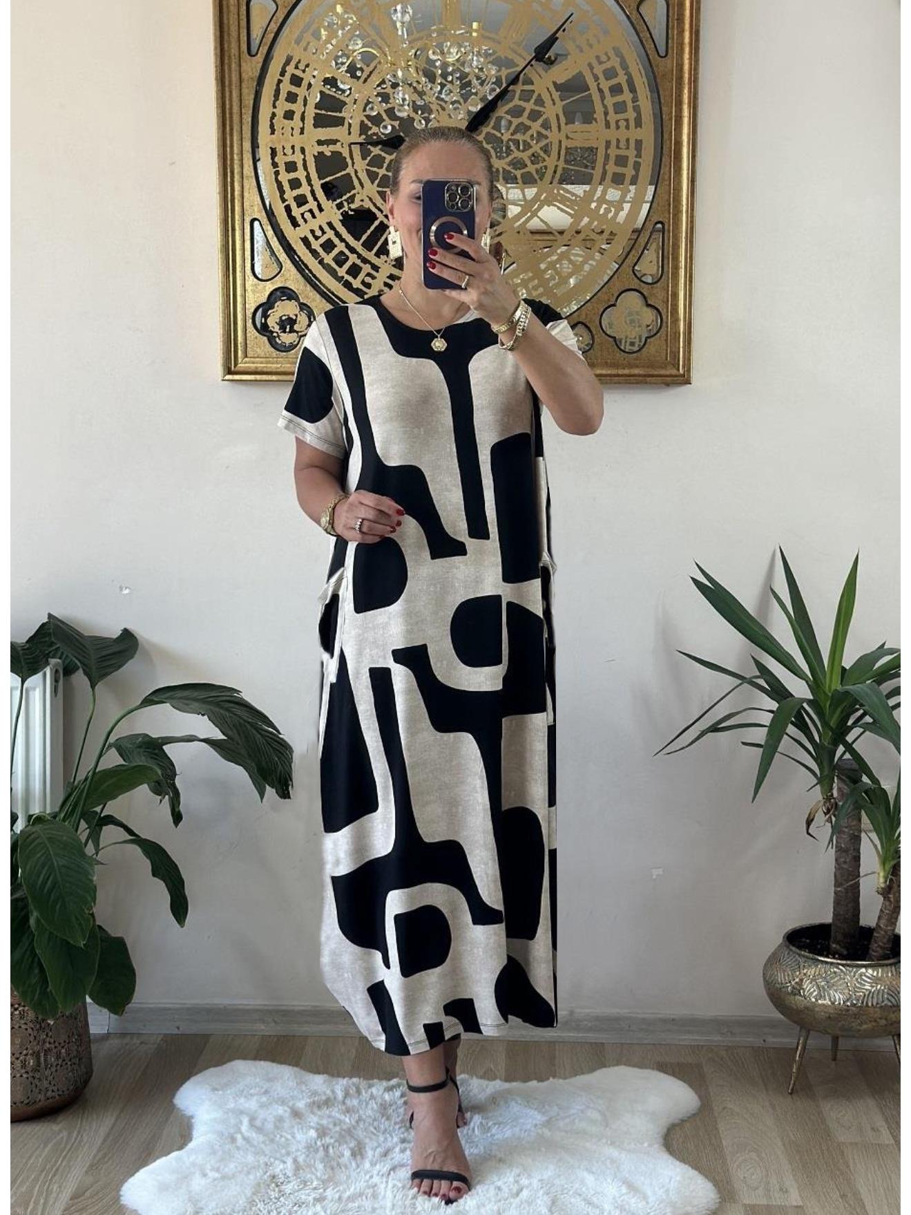 

Женское летнее свободное платье макси с круглым вырезом, модным принтом и короткими рукавами M чёрный