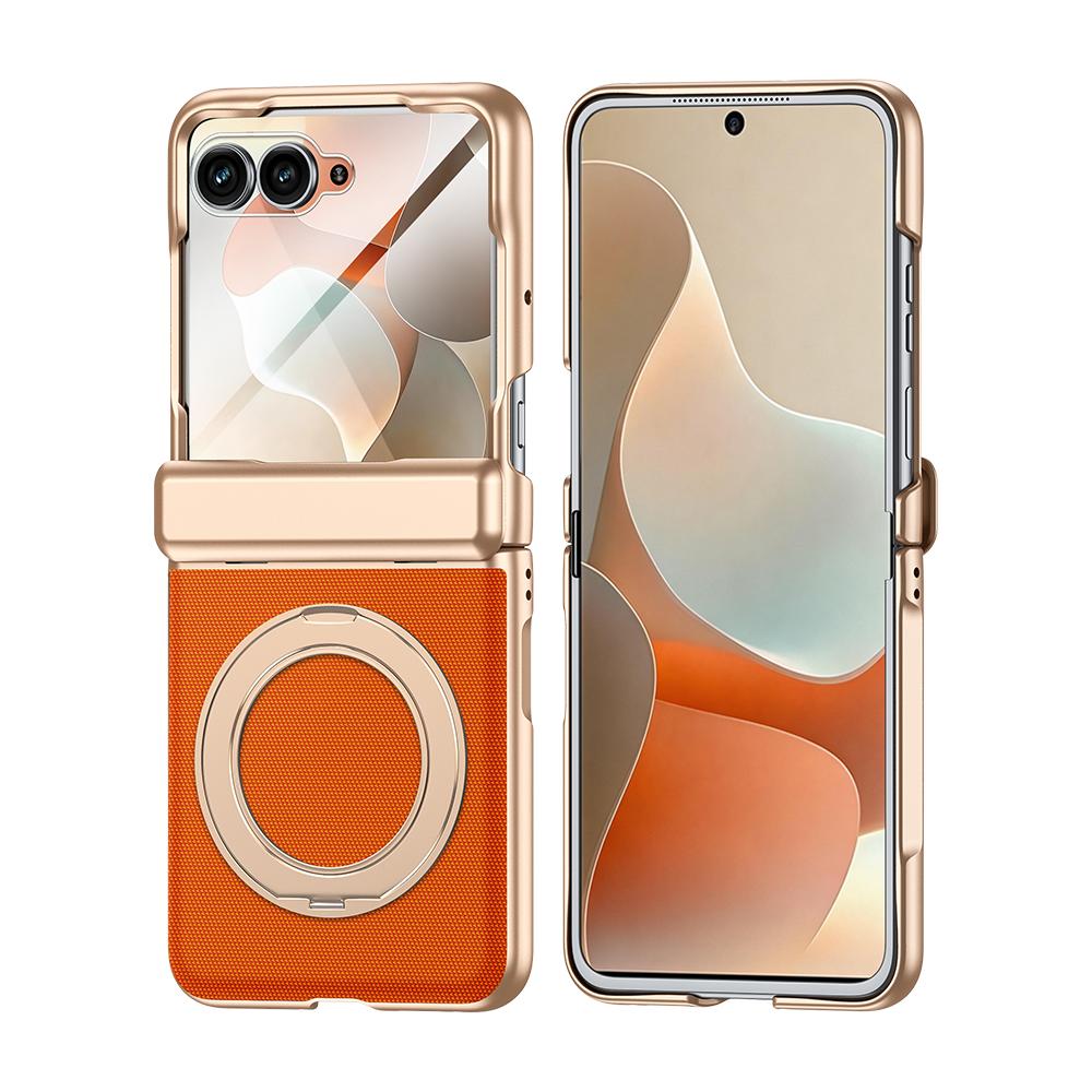 Galvanisierte Leder-Funda für Motorola Razr 60 Ultra 70 Ultra Scharnier-Case Drehbarer Magnetischer Ring Ständer Abdeckung mit Kleiner Bildschirmfolie