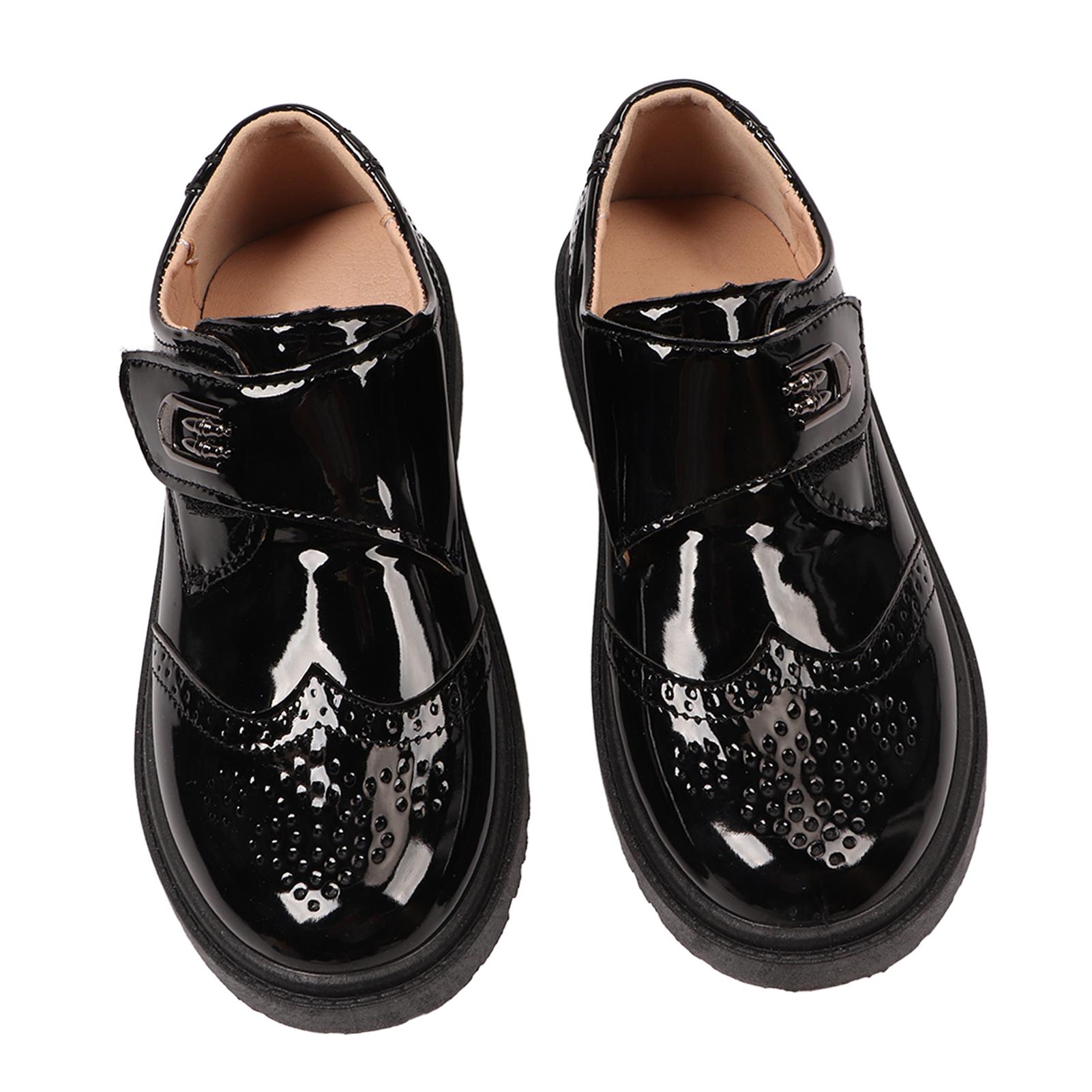 

Kids Patent Leather Shoes Soft Sole Breathable Liner Heel Support Hook Loop Fasteners Dress Shoes Black 34