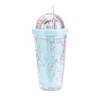 550ml Rainbow Plastic Water Bottle Double Layer Sequins Drinking Cup With Straw Women Girl Gift Blue