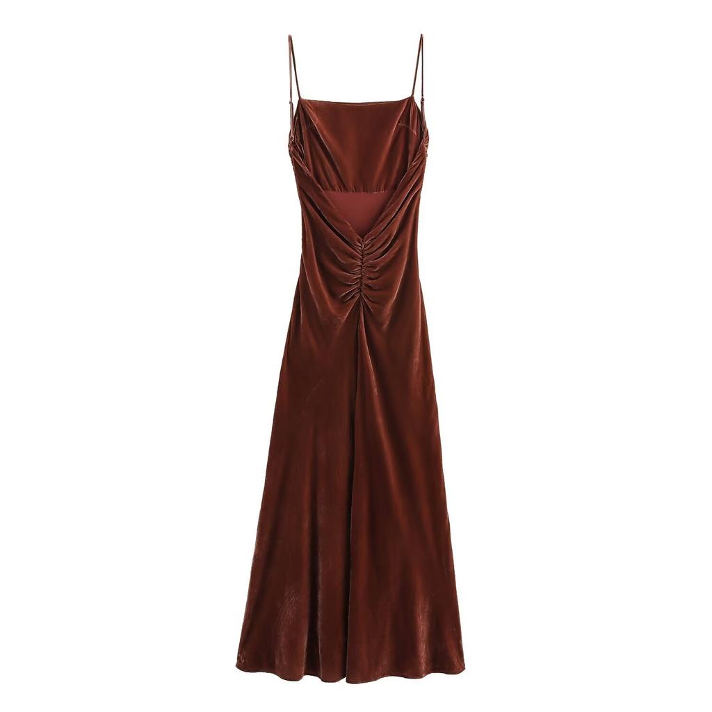 Suspender skirt women's European and American style temperament elegant velvet pleated Midi dress