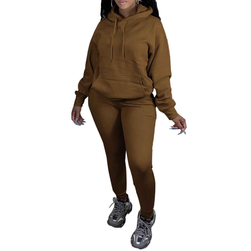 Europäischer & Amerikanischer Damen Einfarbiger Hoodie Zweiteiliger Plus Samt Laufanzug - Herbst/Winter Sportbekleidung