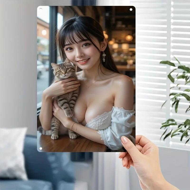 

Vintage Korean Wall Art Metal Sign with Cat Woman DesignHeavyDuty Iron Plate Poster 20x30cm