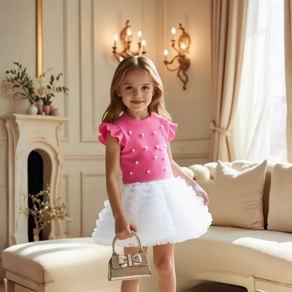 Girls' Beaded Sleeve T-Shirt Princess Dress - Puffy Versatile Skirt