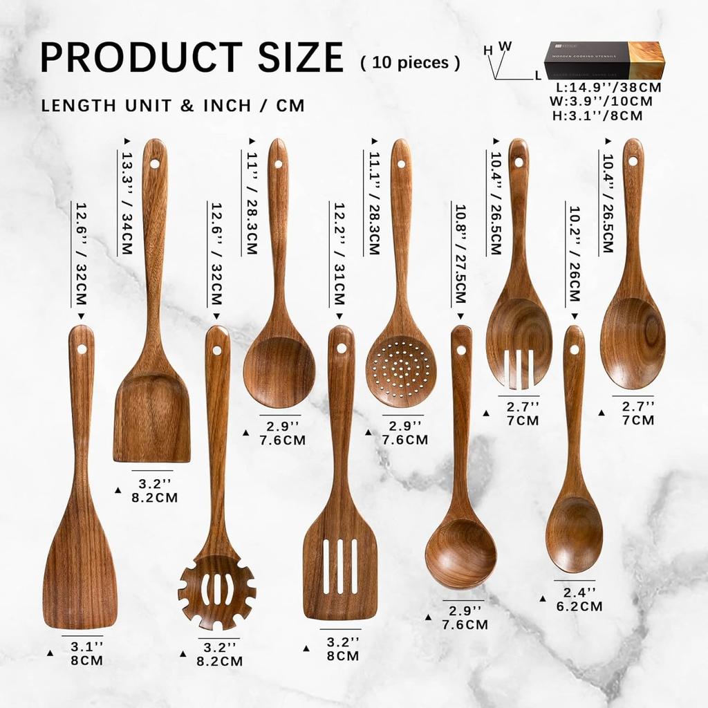 Wooden Spoons for Cooking, Nonstick Cooking Utensil Set with 10 Piece Acacia Wooden Spatulas and Spoons for Cooking, Terrific for Everyday Kitchen